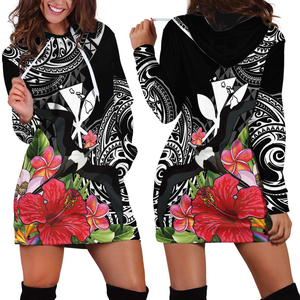 Hawaii Iwa Bird Hoodie Dress Great Frigatebird Kanaka Tropical Flowers - Polynesian Pride
