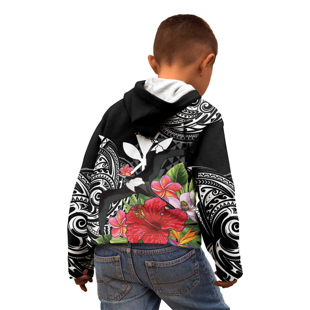 Hawaii Iwa Bird Kid Hoodie Great Frigatebird Kanaka Tropical Flowers - Polynesian Pride