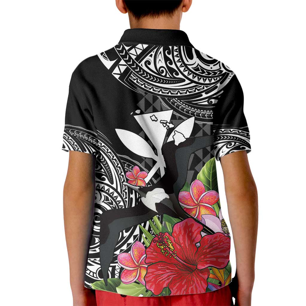 Hawaii Iwa Bird Kid Polo Shirt Great Frigatebird Kanaka Tropical Flowers - Polynesian Pride