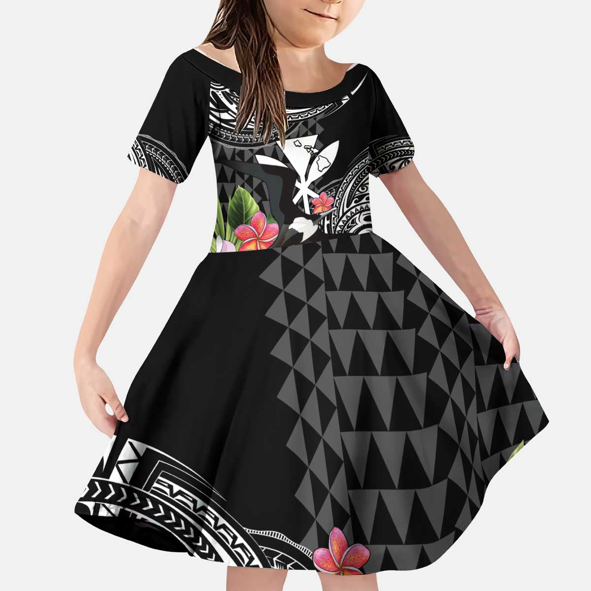 Hawaii Iwa Bird Kid Short Sleeve Dress Great Frigatebird Kanaka Tropical Flowers - Polynesian Pride
