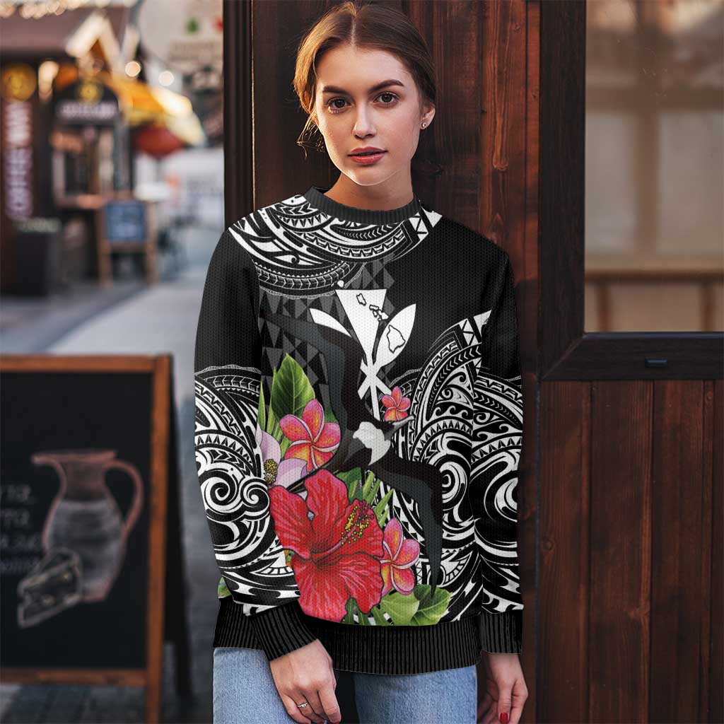 Hawaii Iwa Bird Ugly Christmas Sweater Great Frigatebird Kanaka Tropical Flowers - Polynesian Pride