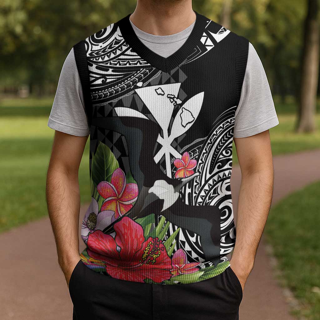 Hawaii Iwa Bird Christmas Knitted V-Neck Vest Great Frigatebird Kanaka Tropical Flowers - Polynesian Pride