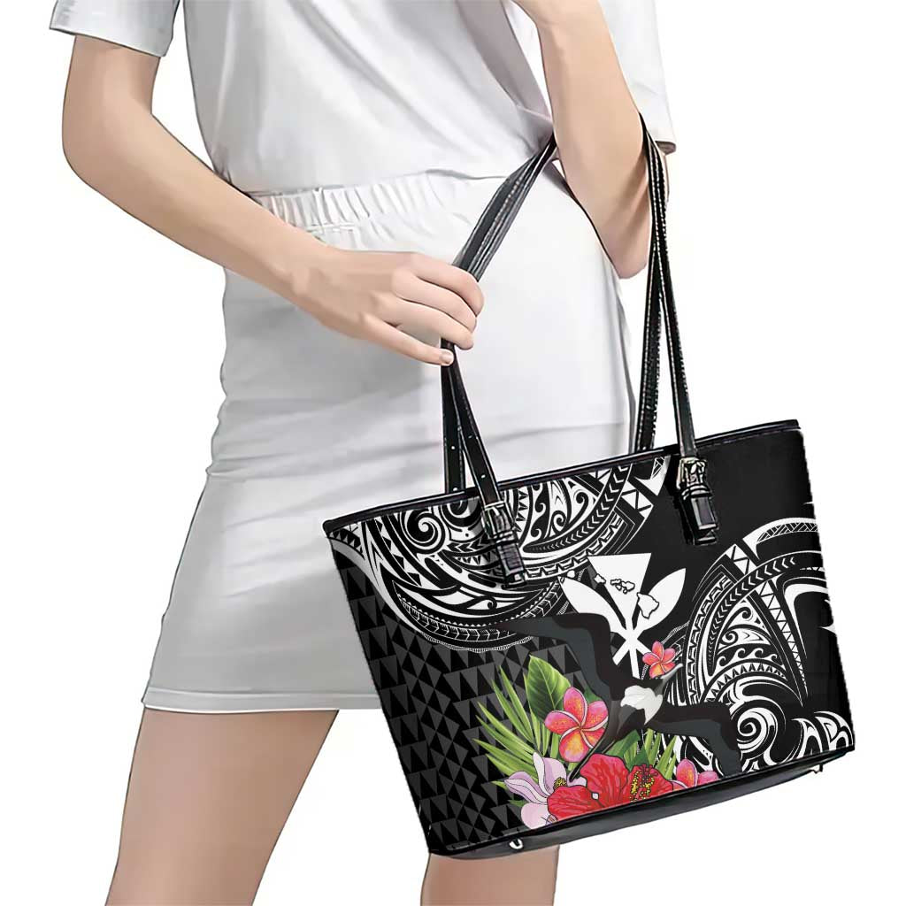 Hawaii Iwa Bird Leather Tote Bag Great Frigatebird Kanaka Tropical Flowers - Polynesian Pride