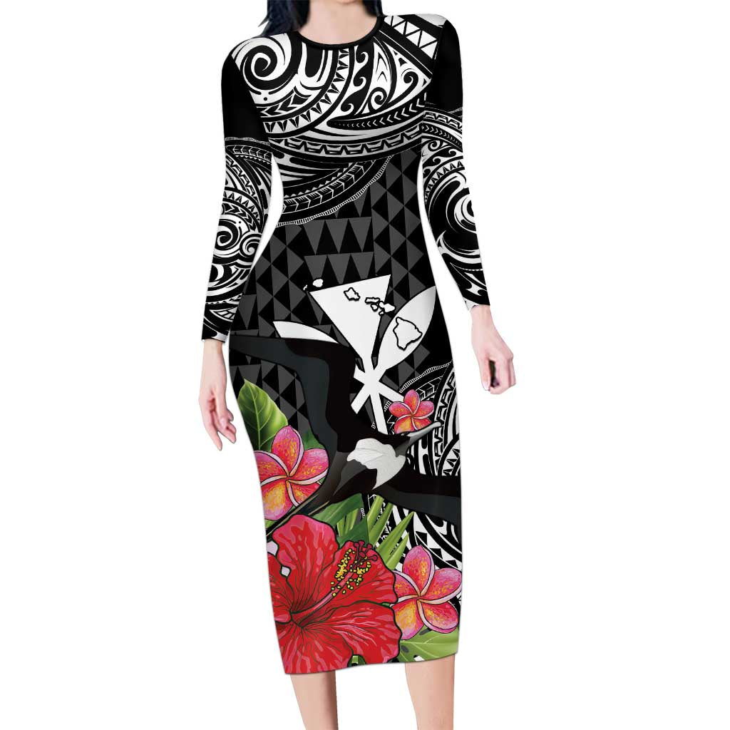 Hawaii Iwa Bird Long Sleeve Bodycon Dress Great Frigatebird Kanaka Tropical Flowers - Polynesian Pride