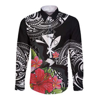 Hawaii Iwa Bird Long Sleeve Button Shirt Great Frigatebird Kanaka Tropical Flowers LT14 Unisex Black - Polynesian Pride