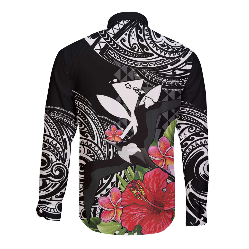 Hawaii Iwa Bird Long Sleeve Button Shirt Great Frigatebird Kanaka Tropical Flowers LT14 - Polynesian Pride