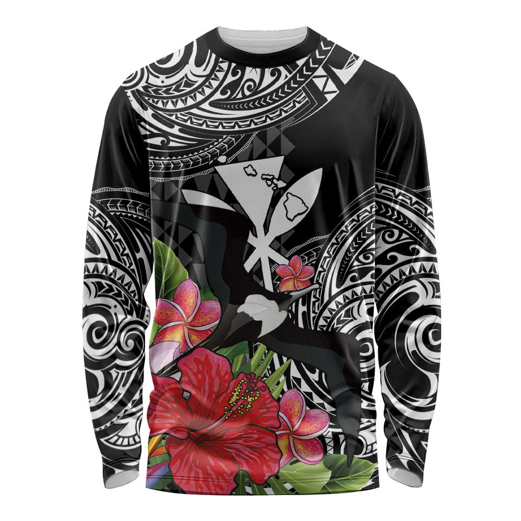 Hawaii Iwa Bird Long Sleeve Shirt Great Frigatebird Kanaka Tropical Flowers LT14 Unisex Black - Polynesian Pride