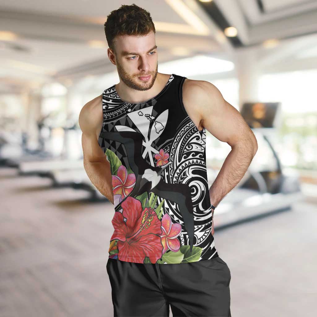 Hawaii Iwa Bird Men Tank Top Great Frigatebird Kanaka Tropical Flowers LT14 Black - Polynesian Pride