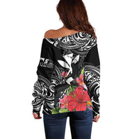 Hawaii Iwa Bird Off Shoulder Sweater Great Frigatebird Kanaka Tropical Flowers - Polynesian Pride