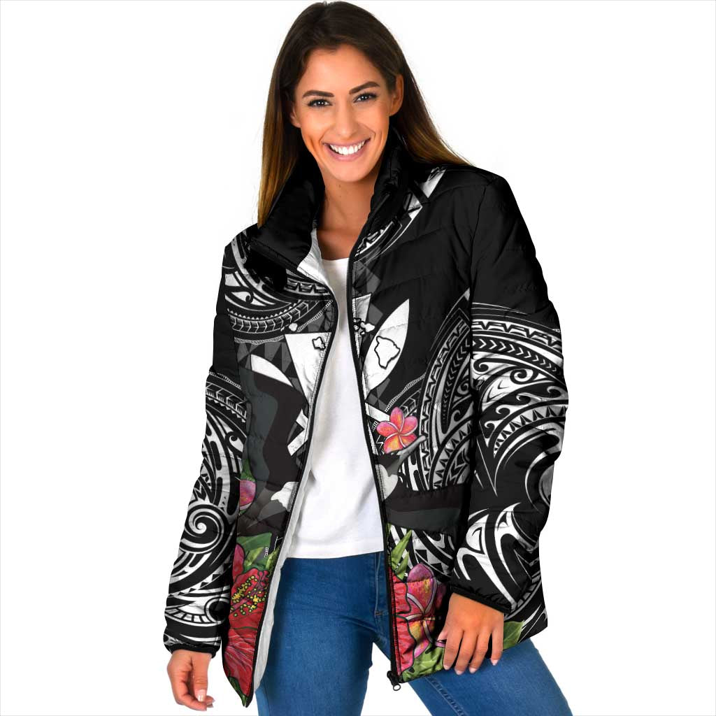 Hawaii Iwa Bird Padded Jacket Great Frigatebird Kanaka Tropical Flowers LT14 Women Black - Polynesian Pride