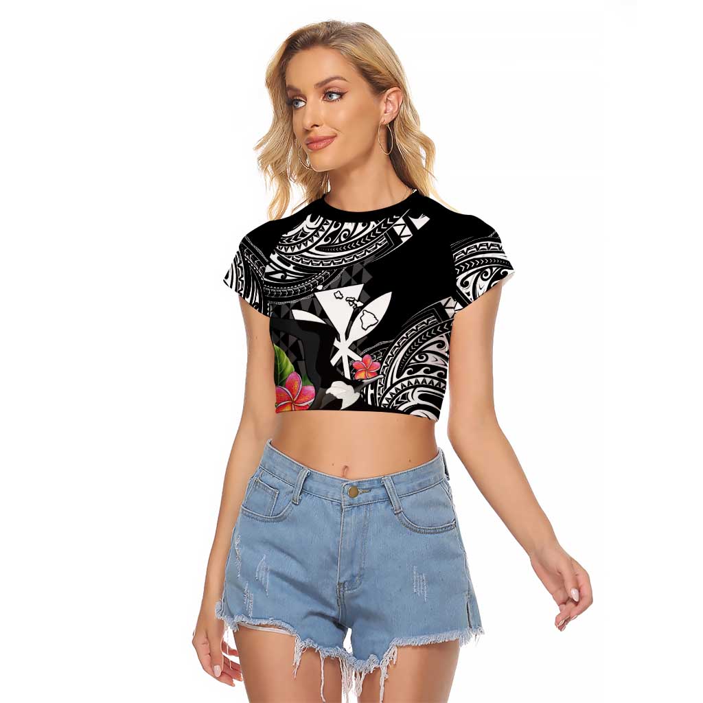 Hawaii Iwa Bird Raglan Cropped T Shirt Great Frigatebird Kanaka Tropical Flowers LT14 Female Black - Polynesian Pride