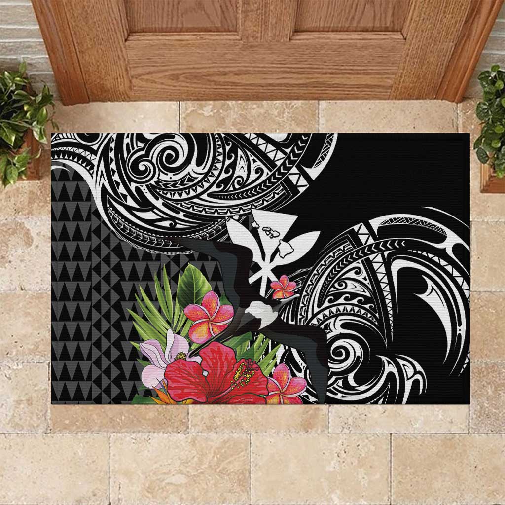 Hawaii Iwa Bird Rubber Doormat Great Frigatebird Kanaka Tropical Flowers LT14 Black - Polynesian Pride