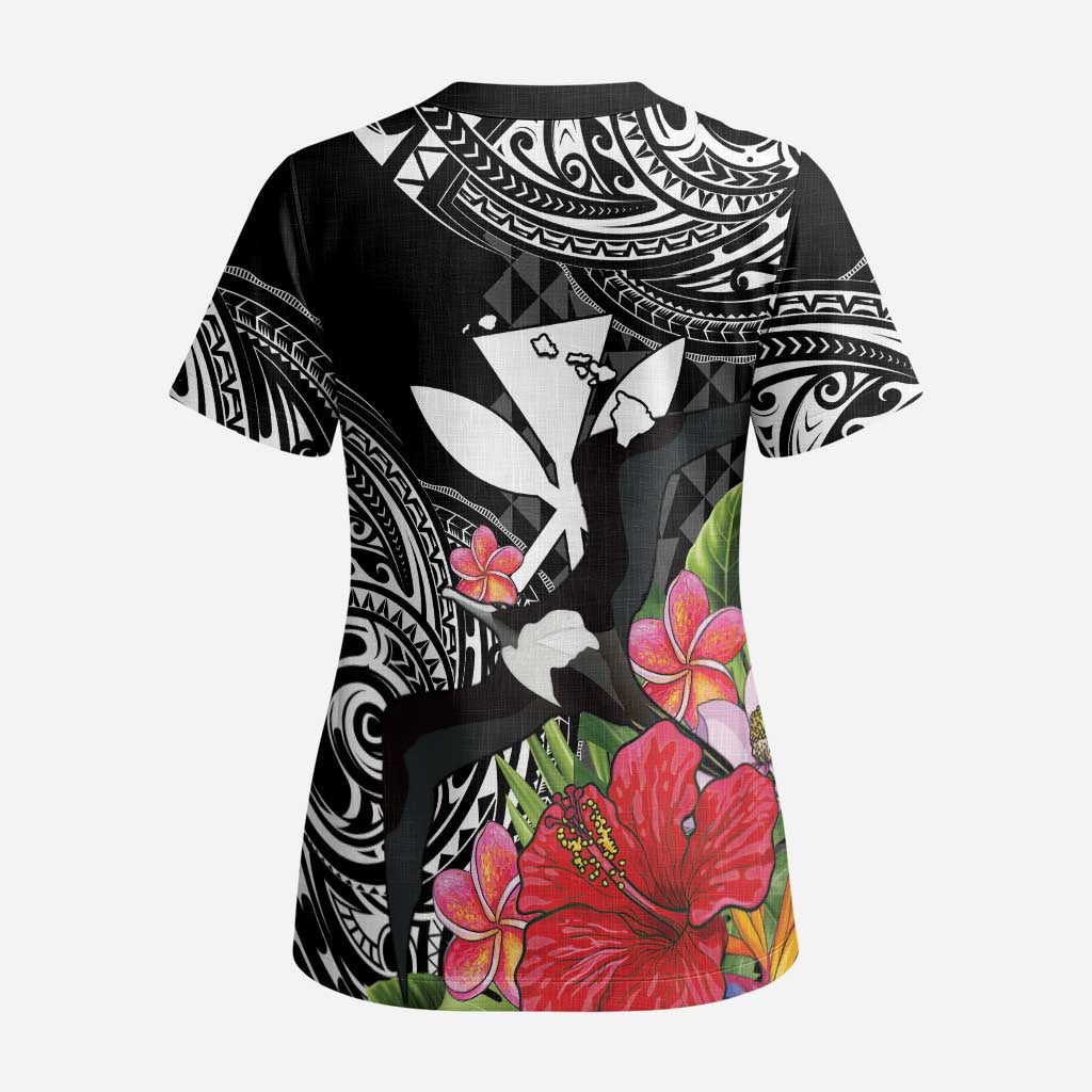 Hawaii Iwa Bird Scrub Top Great Frigatebird Kanaka Tropical Flowers LT14 - Polynesian Pride