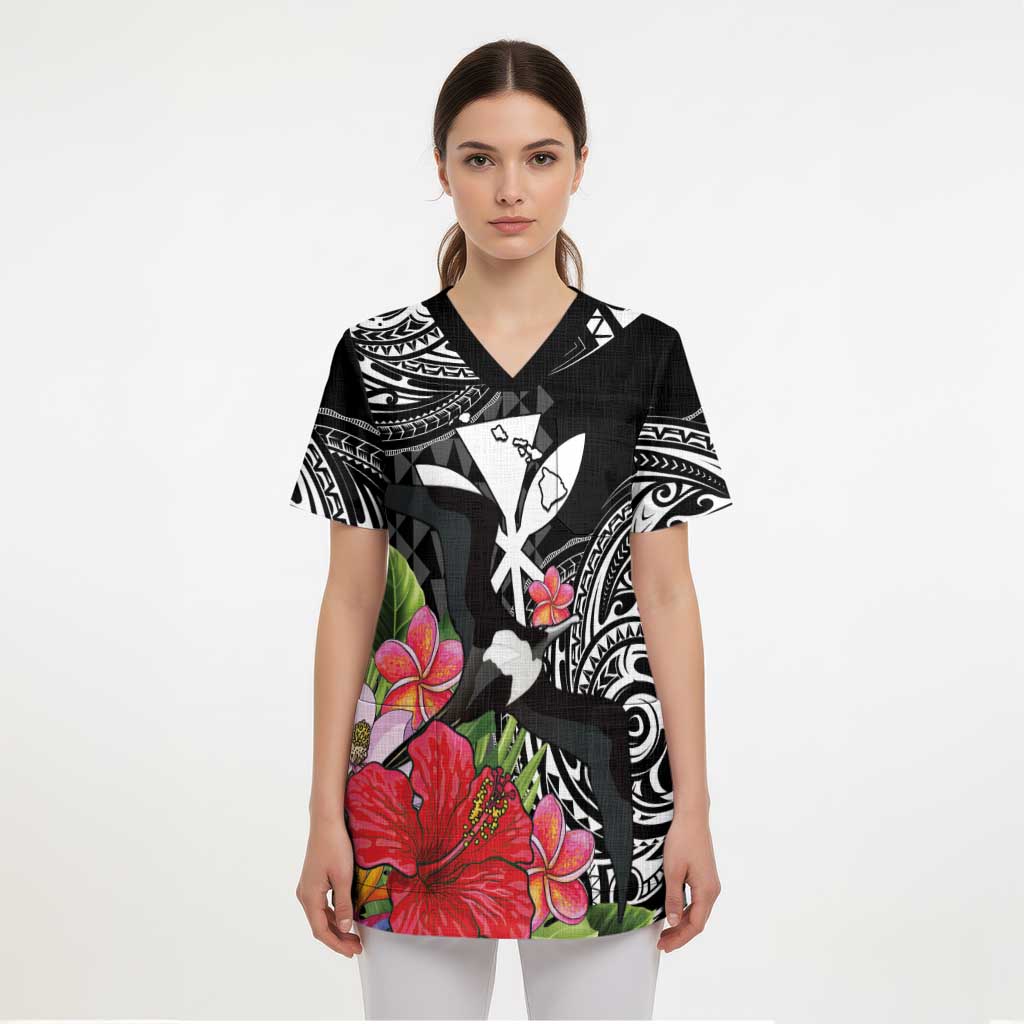 Hawaii Iwa Bird Scrub Top Great Frigatebird Kanaka Tropical Flowers LT14 - Polynesian Pride