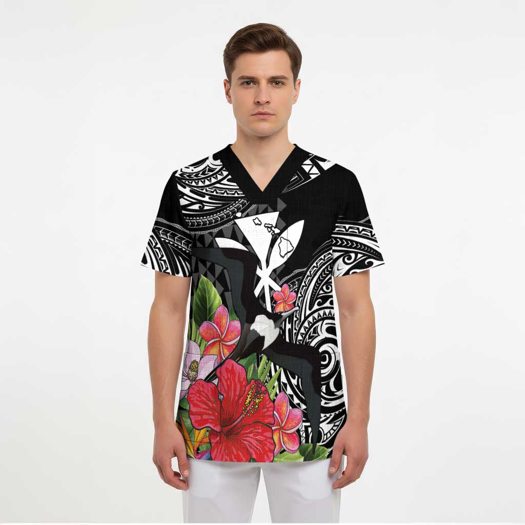 Hawaii Iwa Bird Scrub Top Great Frigatebird Kanaka Tropical Flowers LT14 - Polynesian Pride