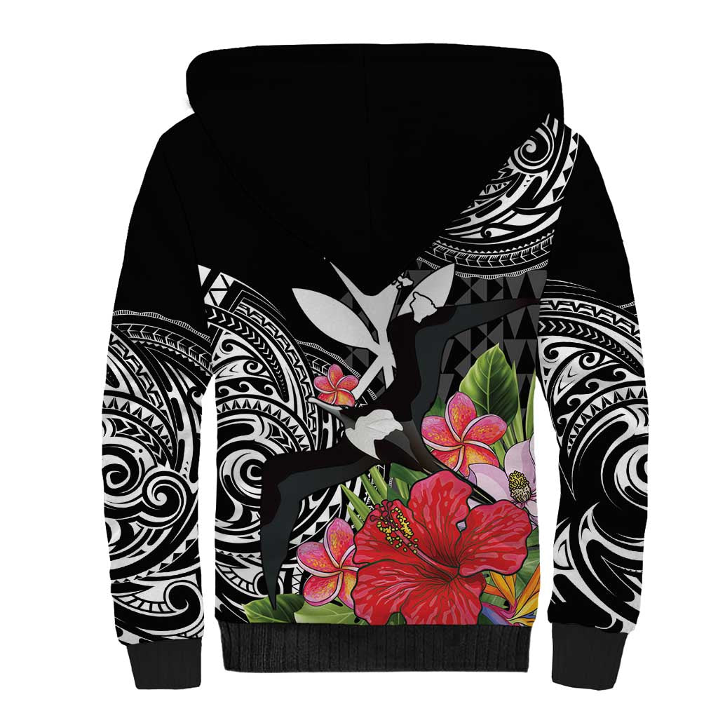 Hawaii Iwa Bird Sherpa Hoodie Great Frigatebird Kanaka Tropical Flowers - Polynesian Pride