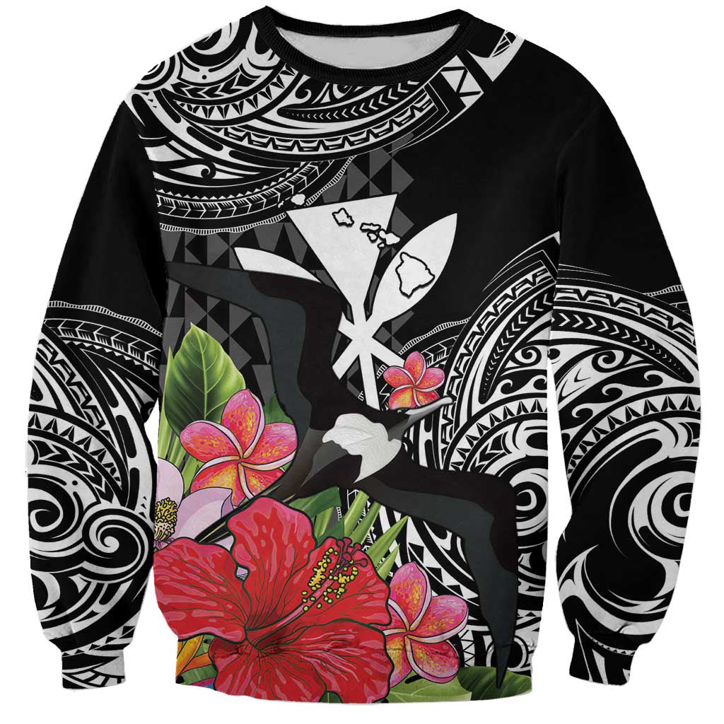 Hawaii Iwa Bird Sweatshirt Great Frigatebird Kanaka Tropical Flowers LT14 Unisex Black - Polynesian Pride