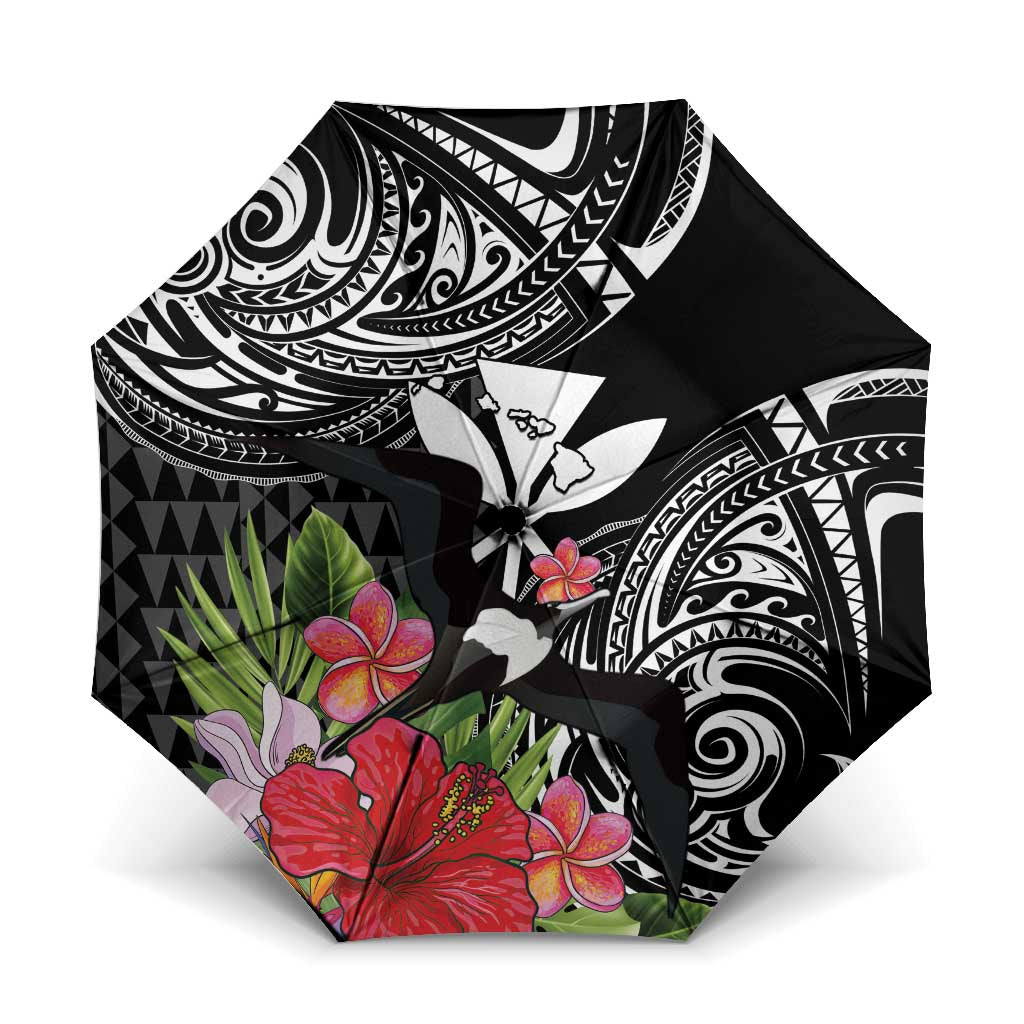 Hawaii Iwa Bird Umbrella Great Frigatebird Kanaka Tropical Flowers LT14 One Size Folded 11.42 inch Opened Diameter 37.4 inch Black - Polynesian Pride