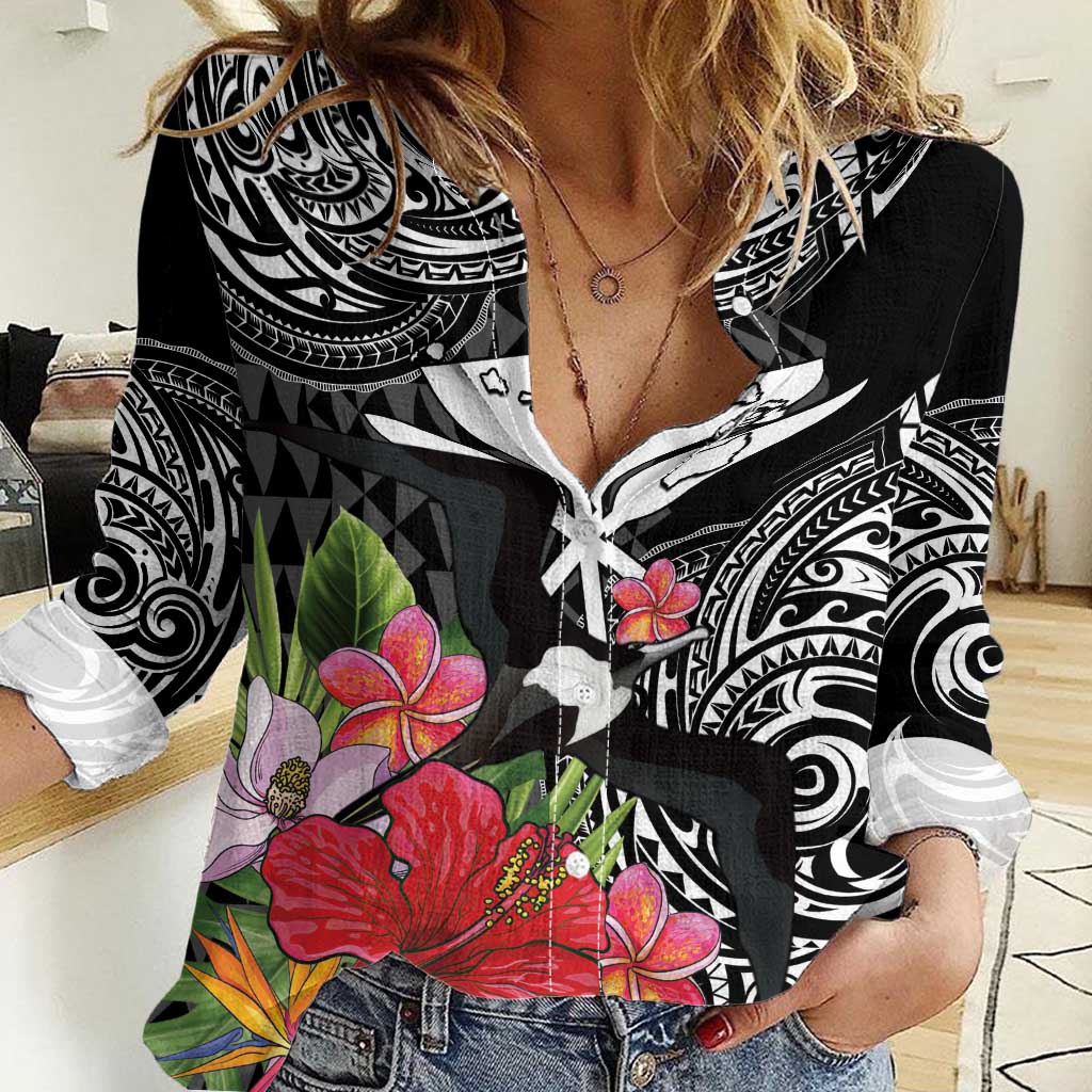Hawaii Iwa Bird Women Casual Shirt Great Frigatebird Kanaka Tropical Flowers - Polynesian Pride