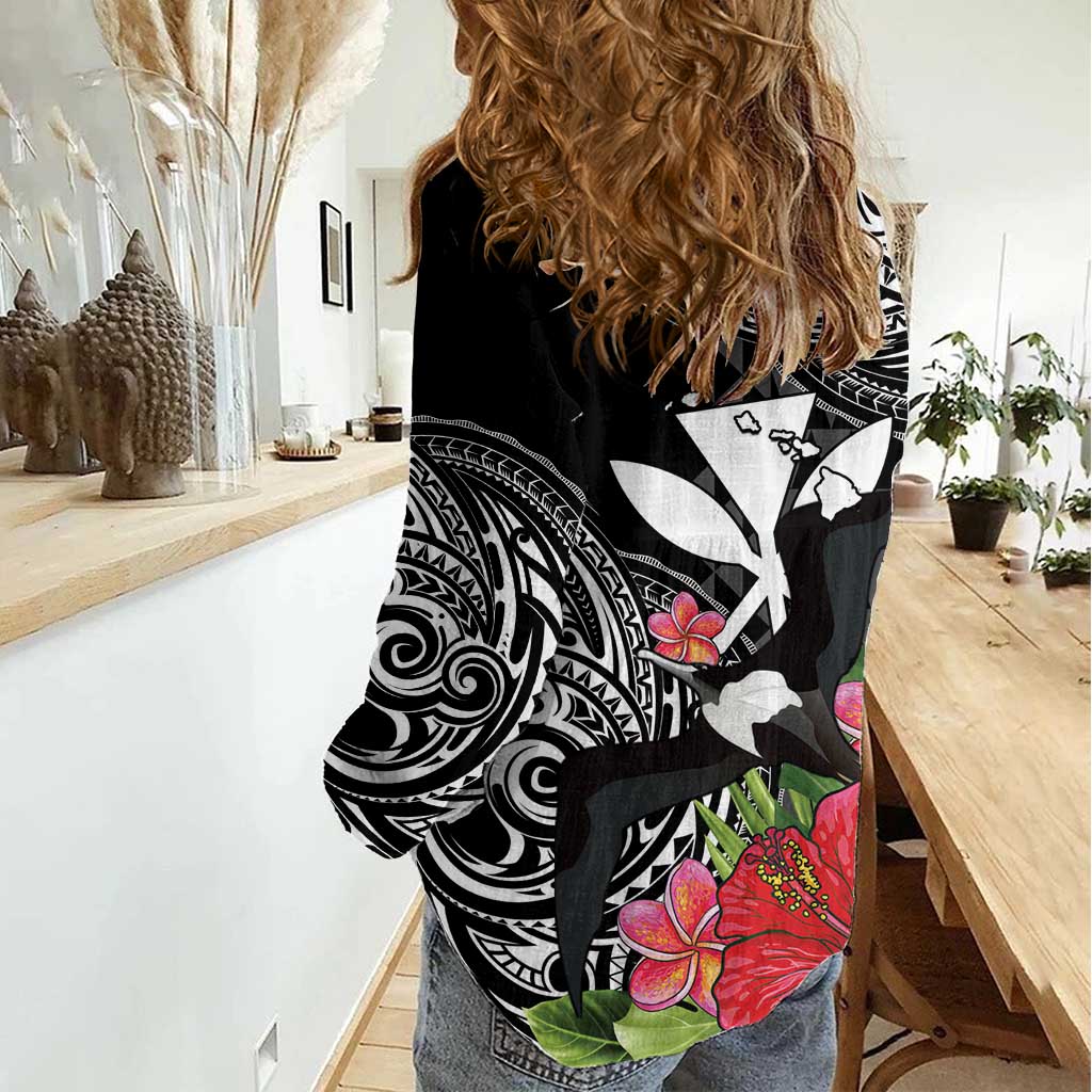 Hawaii Iwa Bird Women Casual Shirt Great Frigatebird Kanaka Tropical Flowers - Polynesian Pride