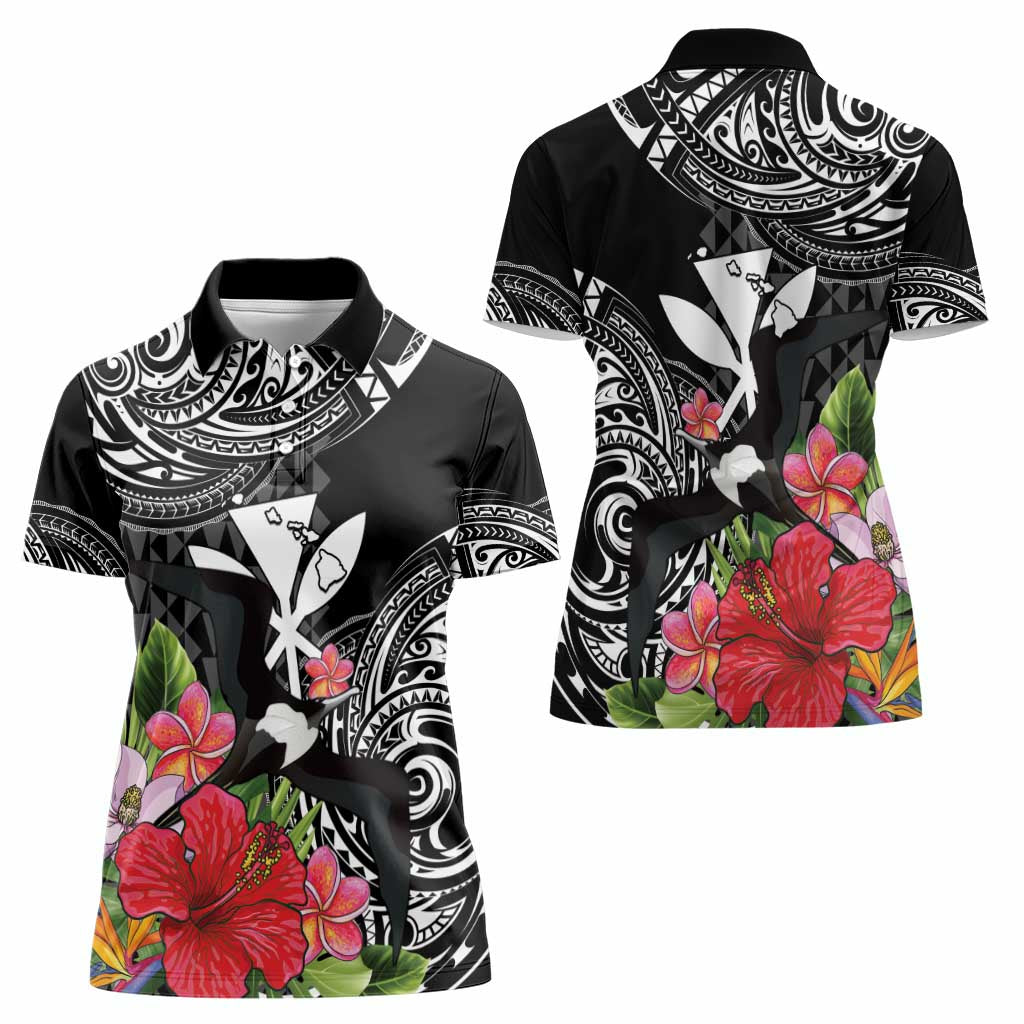 Hawaii Iwa Bird Women Polo Shirt Great Frigatebird Kanaka Tropical Flowers - Polynesian Pride
