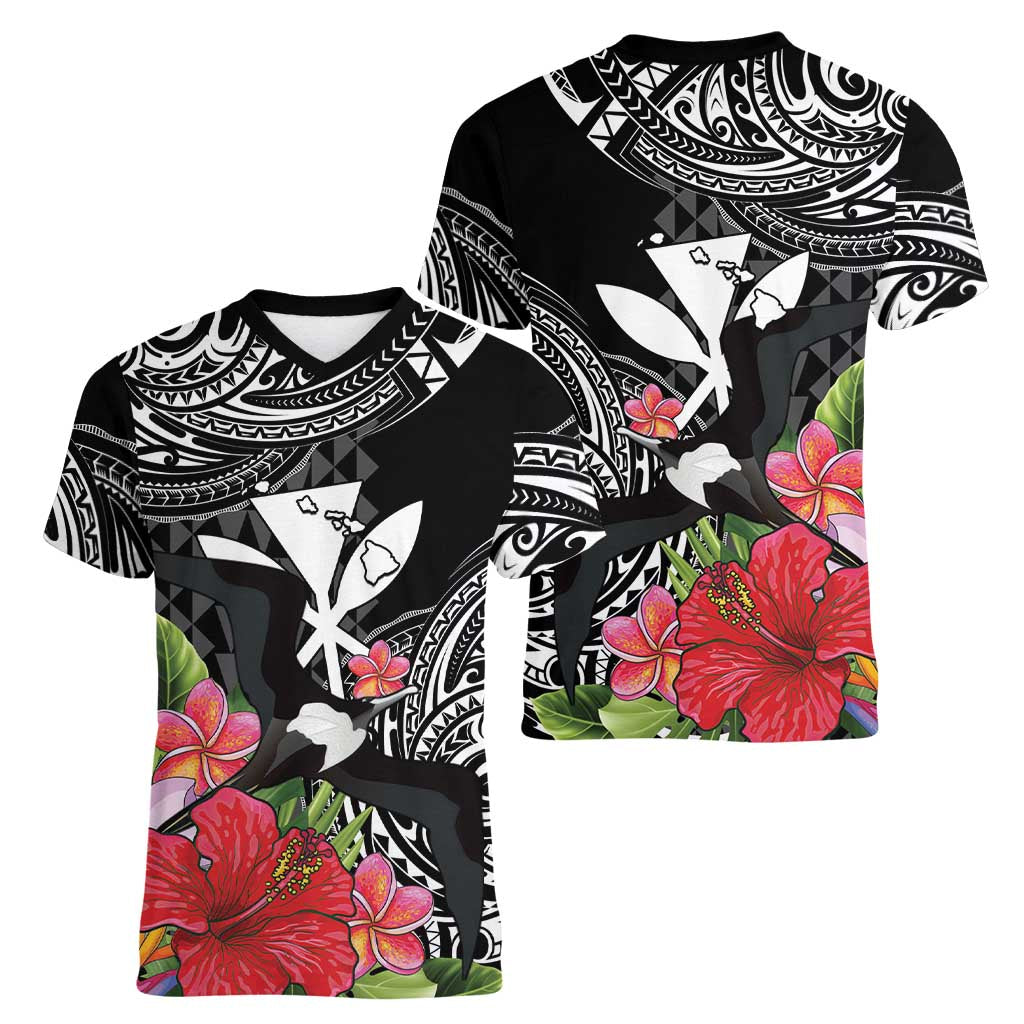 Hawaii Iwa Bird Women V-Neck T-Shirt Great Frigatebird Kanaka Tropical Flowers - Polynesian Pride