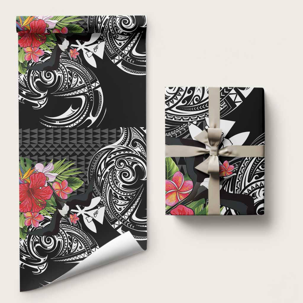 Hawaii Iwa Bird Wrapping Paper Great Frigatebird Kanaka Tropical Flowers LT14 58" × 23" Black - Polynesian Pride