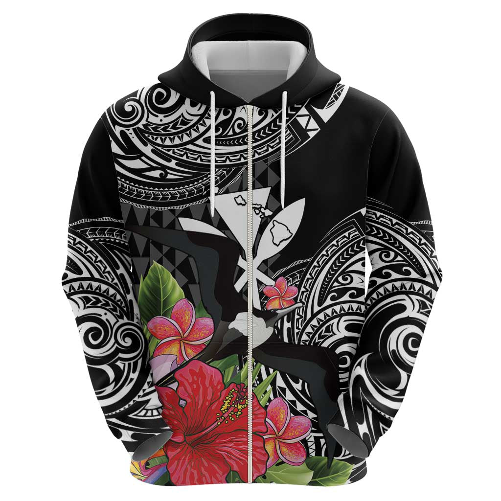Hawaii Iwa Bird Zip Hoodie Great Frigatebird Kanaka Tropical Flowers LT14 - Polynesian Pride