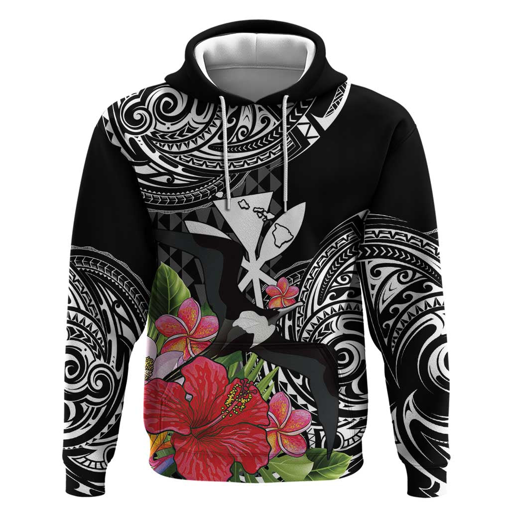 Hawaii Iwa Bird Zip Hoodie Great Frigatebird Kanaka Tropical Flowers LT14 Pullover Hoodie Black - Polynesian Pride