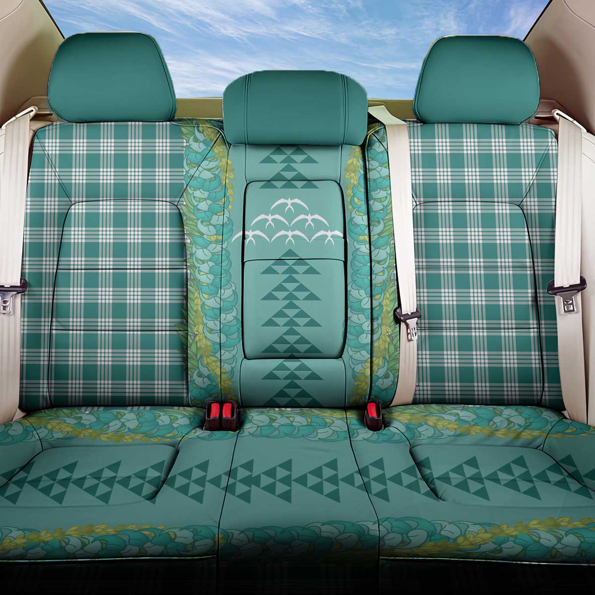 Teal Palaka Hawaii Iwa Bird Back Car Seat Cover Hawaiian Kakau Jade Vine Lei - Polynesian Pride