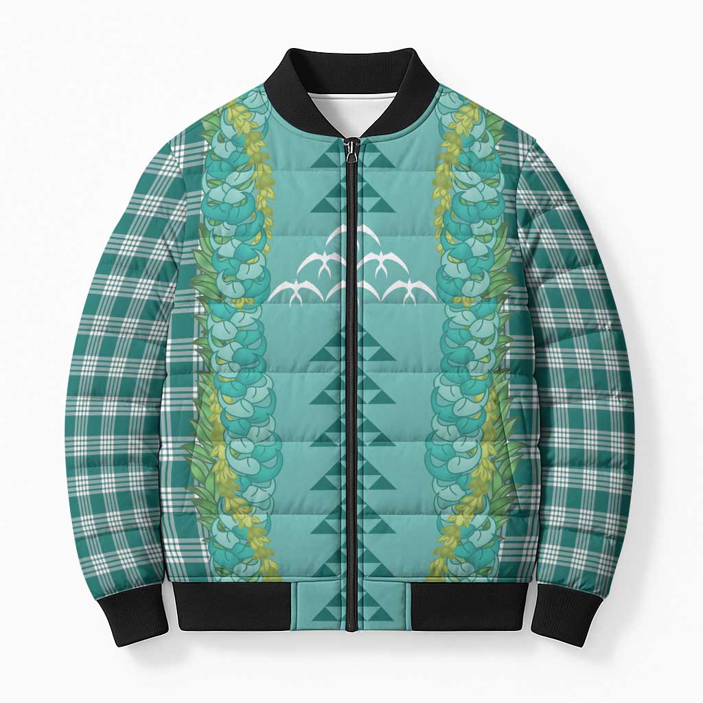 Teal Palaka Hawaii Iwa Bird Bomber Puffer Jacket Hawaiian Kakau Jade Vine Lei - Polynesian Pride