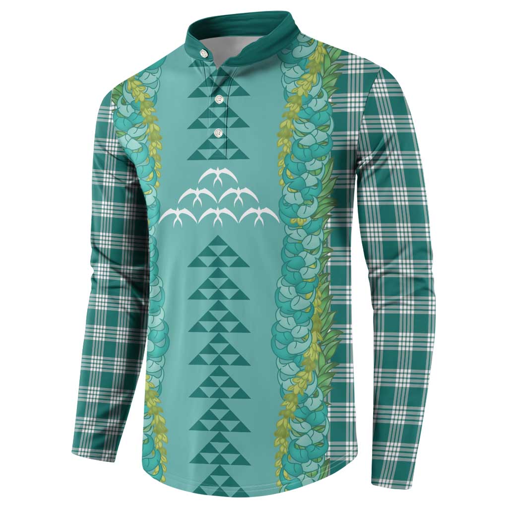 Teal Palaka Hawaii Iwa Bird Button Sweatshirt Hawaiian Kakau Jade Vine Lei - Polynesian Pride