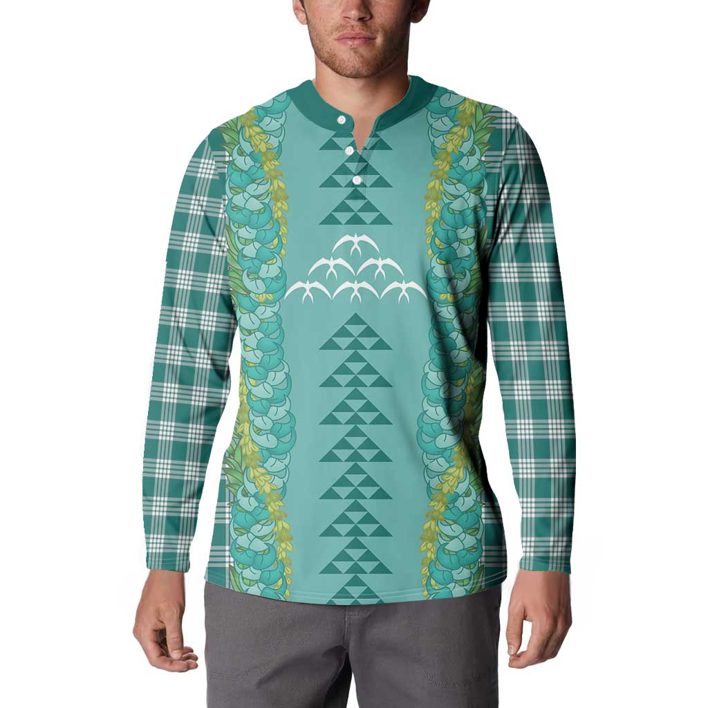Teal Palaka Hawaii Iwa Bird Button Sweatshirt Hawaiian Kakau Jade Vine Lei - Polynesian Pride