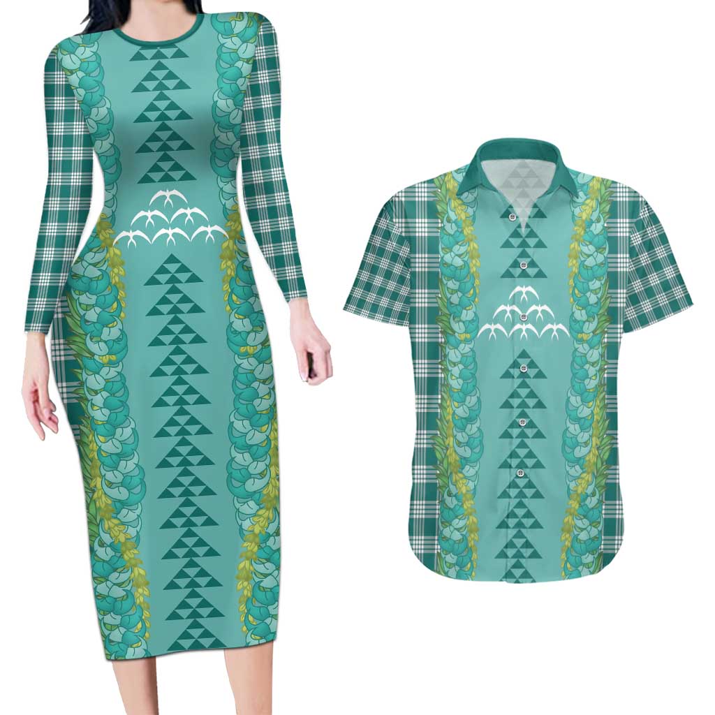 Teal Palaka Hawaii Iwa Bird Couples Matching Long Sleeve Bodycon Dress and Hawaiian Shirt Hawaiian Kakau Jade Vine Lei - Polynesian Pride