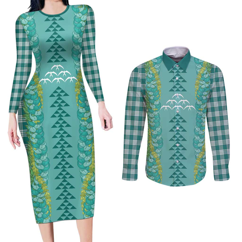 Teal Palaka Hawaii Iwa Bird Couples Matching Long Sleeve Bodycon Dress and Long Sleeve Button Shirt Hawaiian Kakau Jade Vine Lei - Polynesian Pride