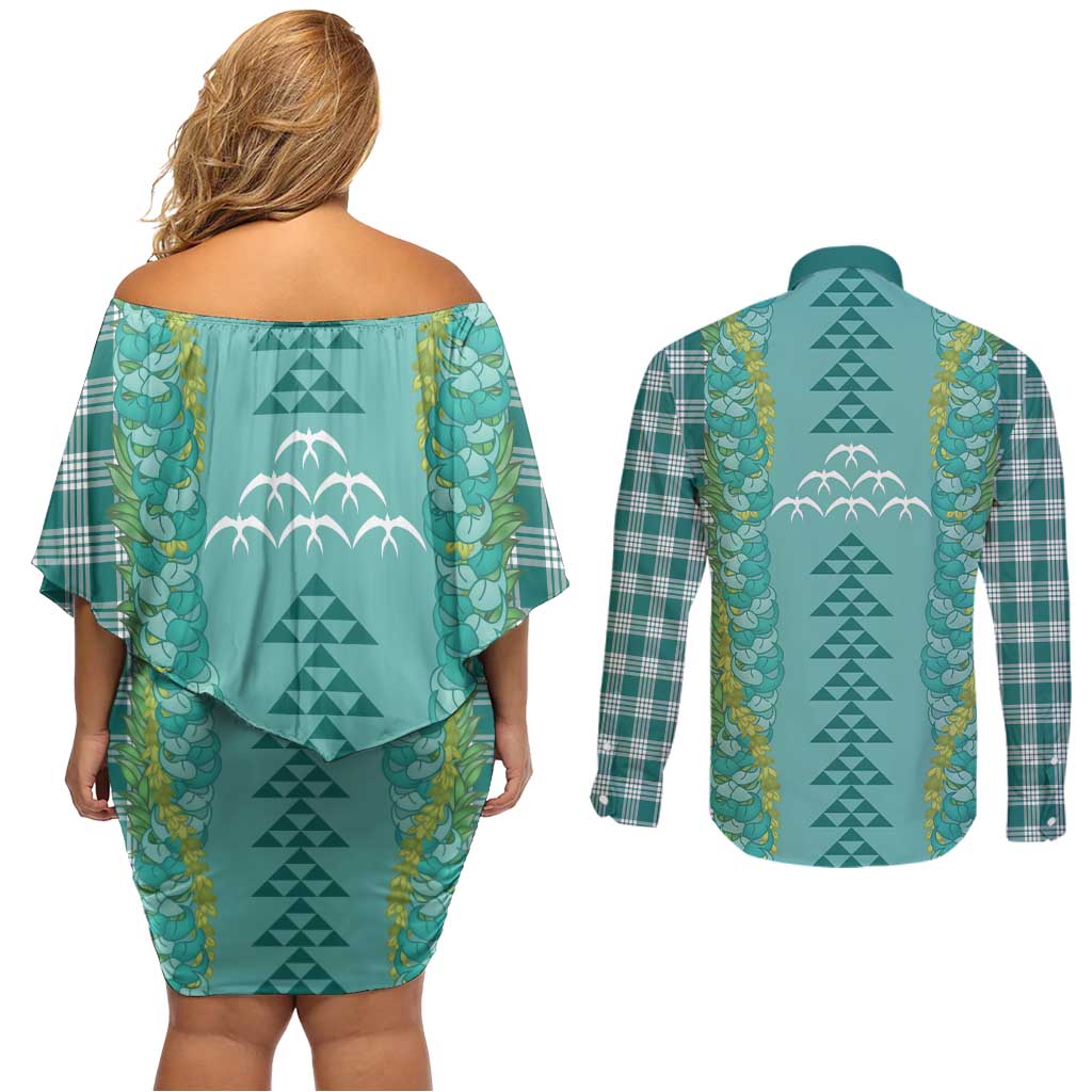 Teal Palaka Hawaii Iwa Bird Couples Matching Off Shoulder Short Dress and Long Sleeve Button Shirt Hawaiian Kakau Jade Vine Lei - Polynesian Pride