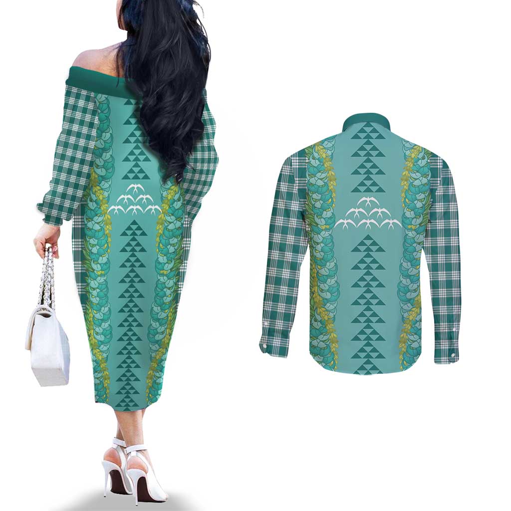Teal Palaka Hawaii Iwa Bird Couples Matching Off The Shoulder Long Sleeve Dress and Long Sleeve Button Shirt Hawaiian Kakau Jade Vine Lei - Polynesian Pride