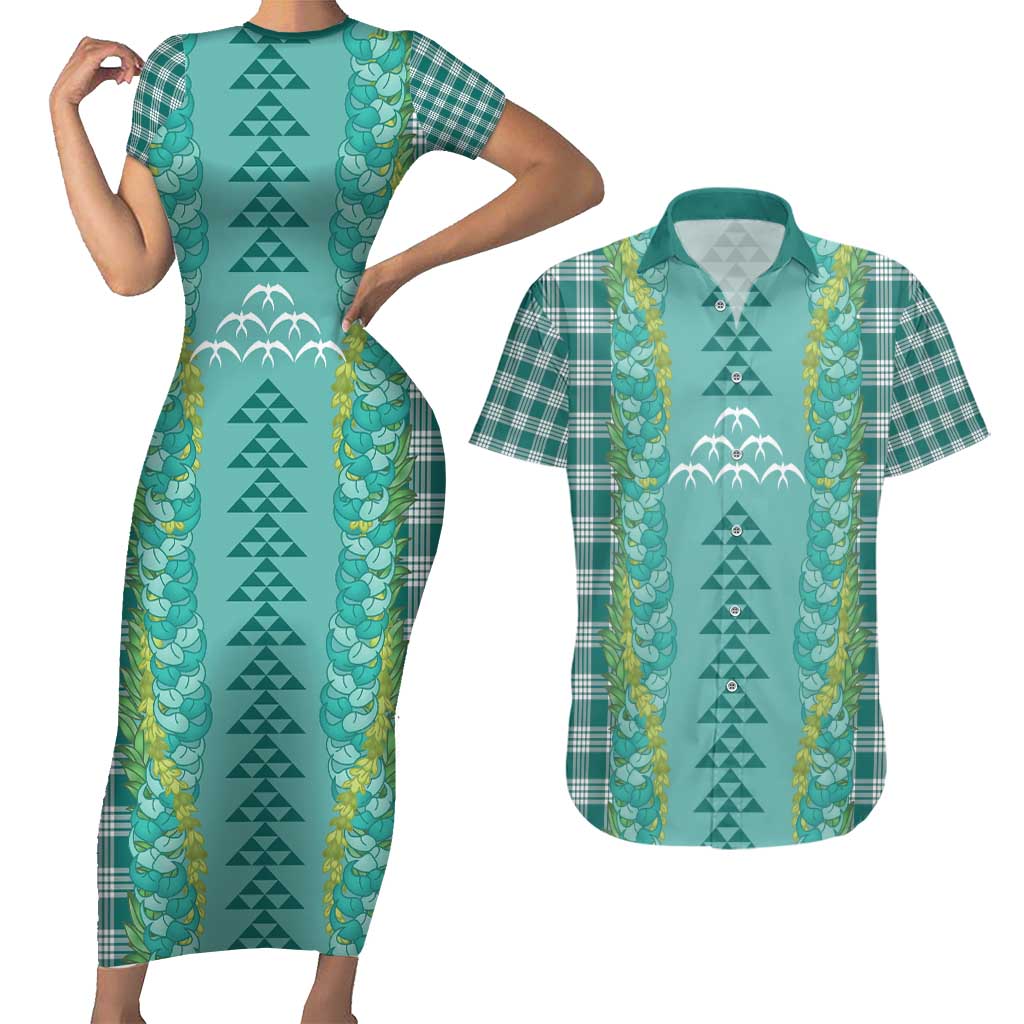 Teal Palaka Hawaii Iwa Bird Couples Matching Short Sleeve Bodycon Dress and Hawaiian Shirt Hawaiian Kakau Jade Vine Lei - Polynesian Pride