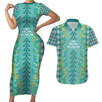 Teal Palaka Hawaii Iwa Bird Couples Matching Short Sleeve Bodycon Dress and Hawaiian Shirt Hawaiian Kakau Jade Vine Lei - Polynesian Pride