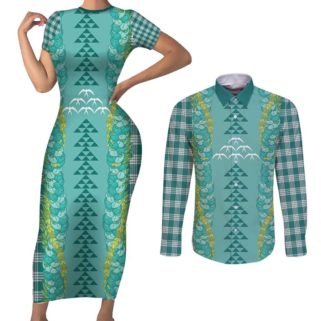 Teal Palaka Hawaii Iwa Bird Couples Matching Short Sleeve Bodycon Dress and Long Sleeve Button Shirt Hawaiian Kakau Jade Vine Lei - Polynesian Pride