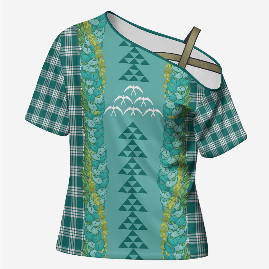 Teal Palaka Hawaii Iwa Bird Cross Shoulder Shirt Hawaiian Kakau Jade Vine Lei - Polynesian Pride