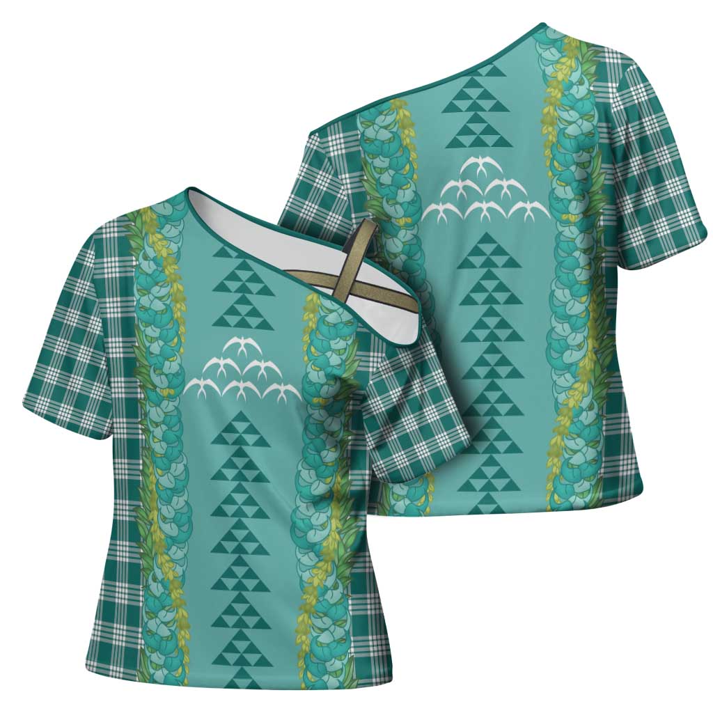Teal Palaka Hawaii Iwa Bird Cross Shoulder Shirt Hawaiian Kakau Jade Vine Lei - Polynesian Pride