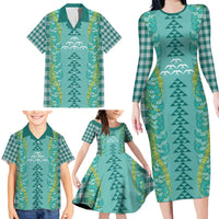 Teal Palaka Hawaii Iwa Bird Family Matching Long Sleeve Bodycon Dress and Hawaiian Shirt Hawaiian Kakau Jade Vine Lei - Polynesian Pride