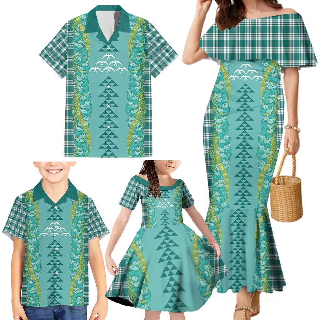 Teal Palaka Hawaii Iwa Bird Family Matching Mermaid Dress and Hawaiian Shirt Hawaiian Kakau Jade Vine Lei - Polynesian Pride