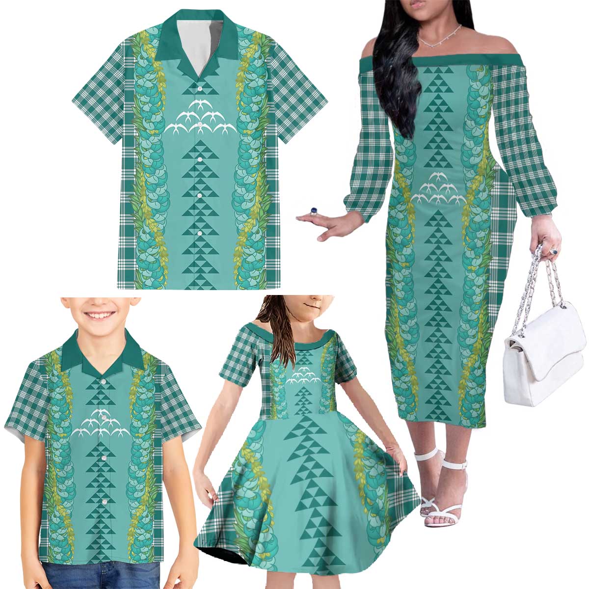 Teal Palaka Hawaii Iwa Bird Family Matching Off The Shoulder Long Sleeve Dress and Hawaiian Shirt Hawaiian Kakau Jade Vine Lei - Polynesian Pride