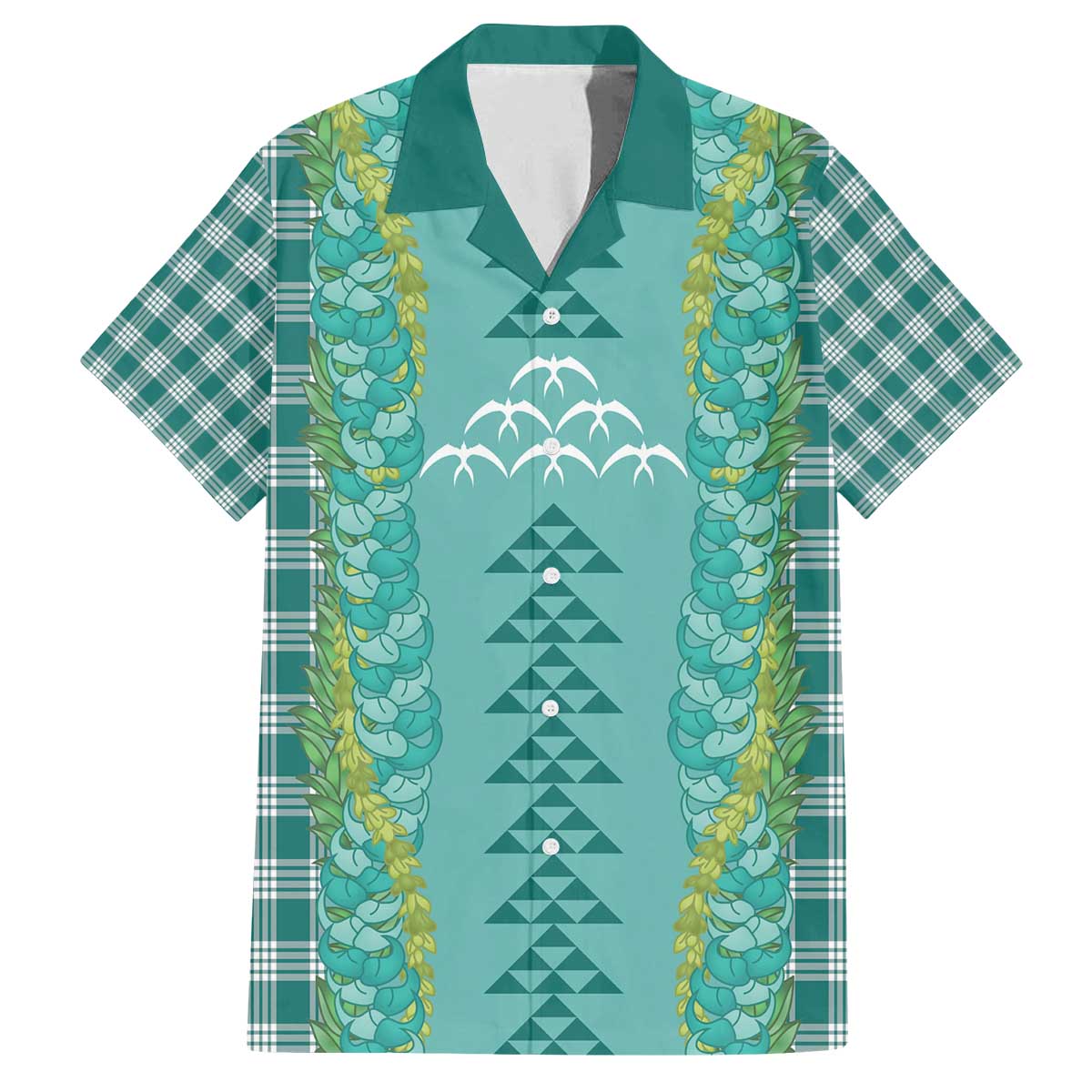 Teal Palaka Hawaii Iwa Bird Family Matching Off The Shoulder Long Sleeve Dress and Hawaiian Shirt Hawaiian Kakau Jade Vine Lei - Polynesian Pride