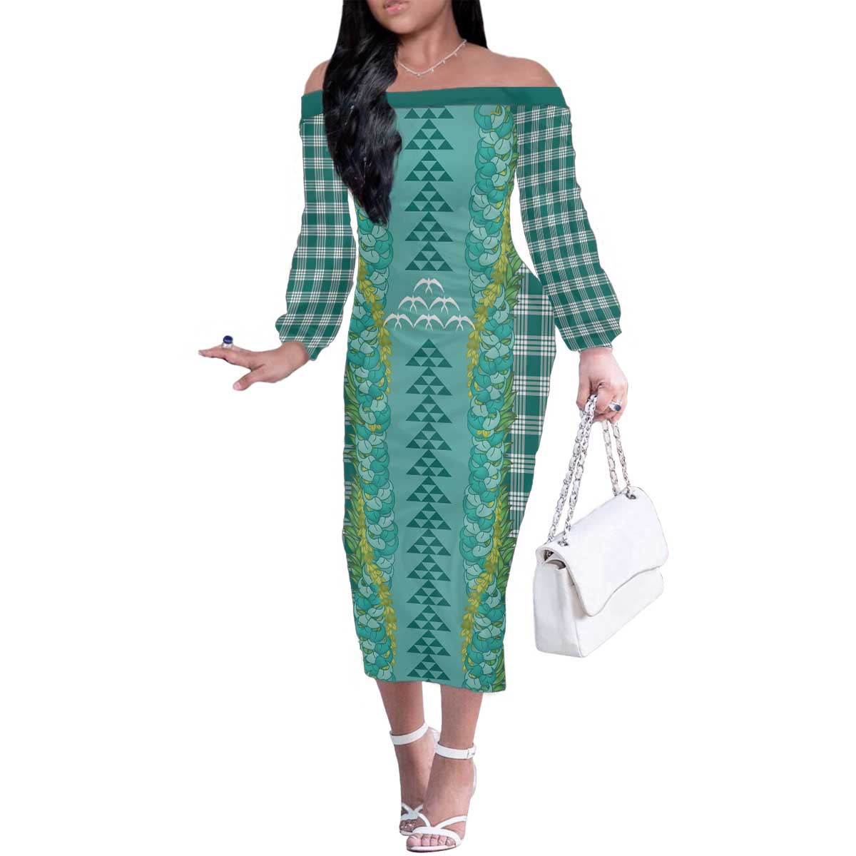 Teal Palaka Hawaii Iwa Bird Family Matching Off The Shoulder Long Sleeve Dress and Hawaiian Shirt Hawaiian Kakau Jade Vine Lei - Polynesian Pride