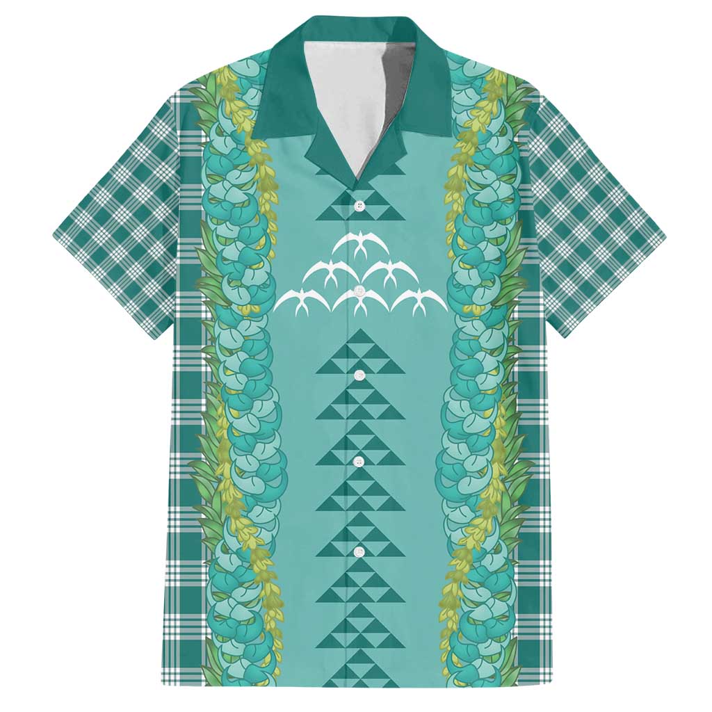 Teal Palaka Hawaii Iwa Bird Family Matching Off Shoulder Maxi Dress and Hawaiian Shirt Hawaiian Kakau Jade Vine Lei - Polynesian Pride