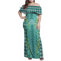 Teal Palaka Hawaii Iwa Bird Family Matching Off Shoulder Maxi Dress and Hawaiian Shirt Hawaiian Kakau Jade Vine Lei - Polynesian Pride