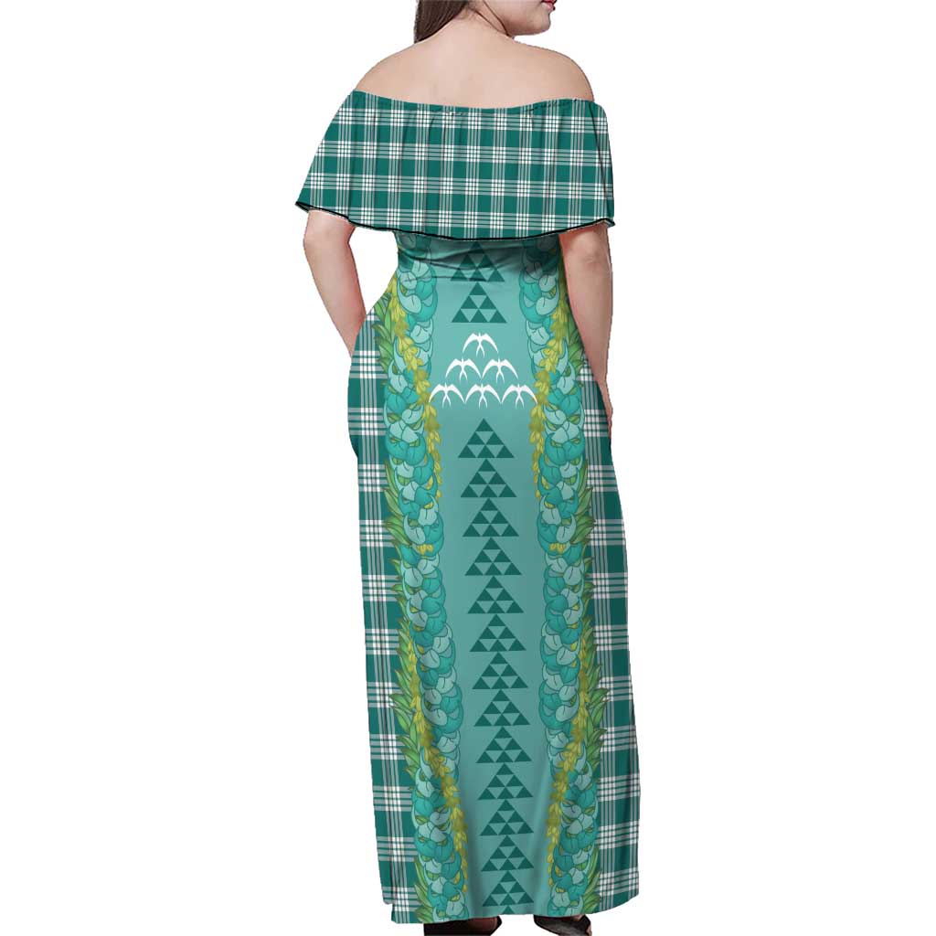 Teal Palaka Hawaii Iwa Bird Family Matching Off Shoulder Maxi Dress and Hawaiian Shirt Hawaiian Kakau Jade Vine Lei - Polynesian Pride